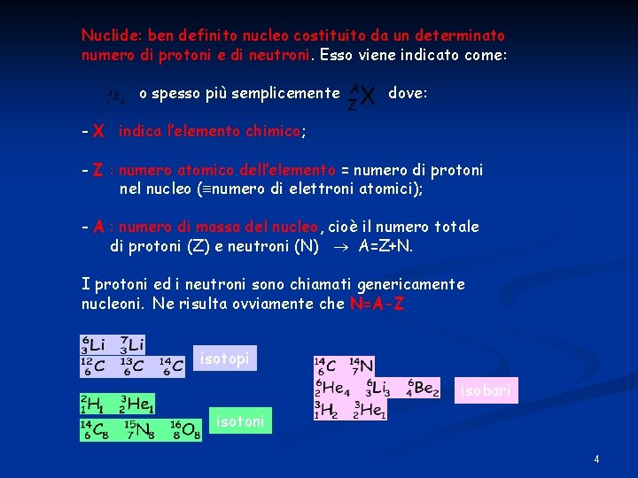 Nuclide: ben definito nucleo costituito da un determinato numero di protoni e di neutroni.