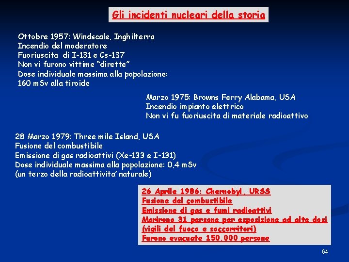 Gli incidenti nucleari della storia Ottobre 1957: Windscale, Inghilterra Incendio del moderatore Fuoriuscita di