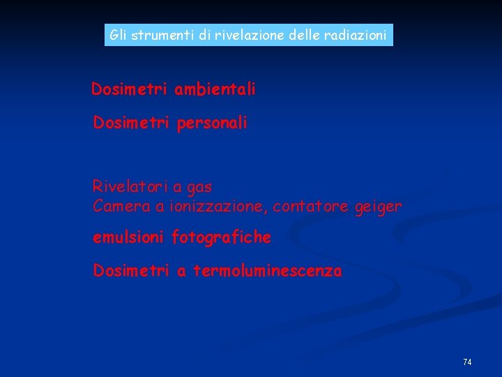 Gli strumenti di rivelazione delle radiazioni Dosimetri ambientali Dosimetri personali Rivelatori a gas Camera