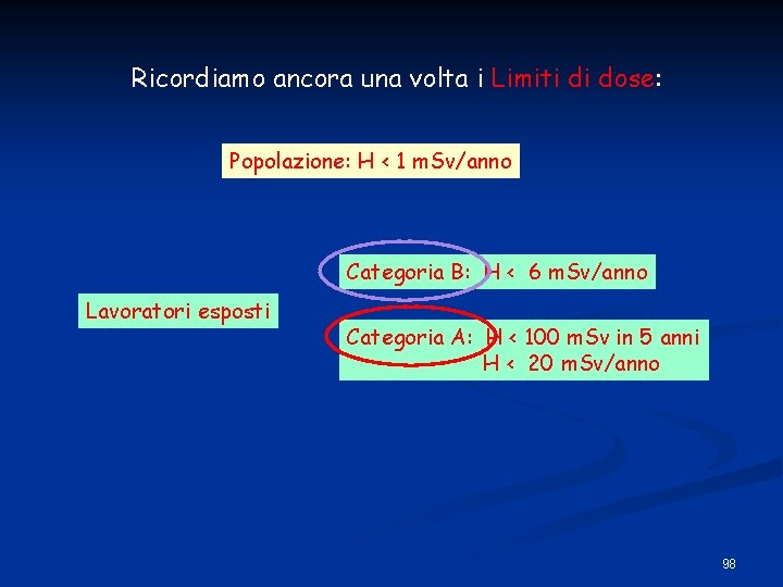 Ricordiamo ancora una volta i Limiti di dose: Popolazione: H < 1 m. Sv/anno