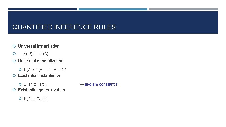 QUANTIFIED INFERENCE RULES Universal instantiation x P(x) P(A) Universal generalization P(A) P(B) … x