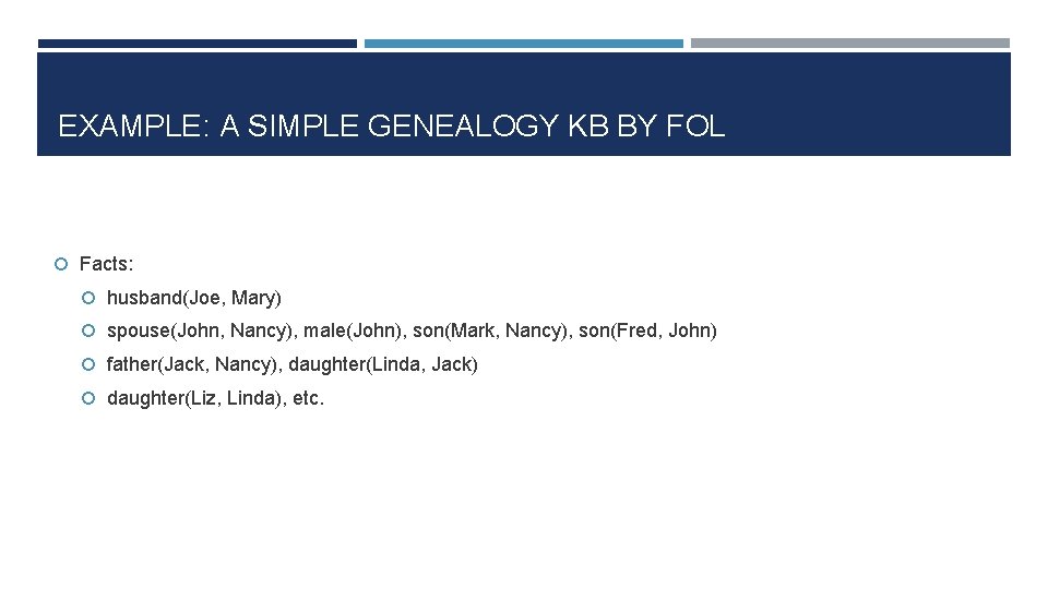 EXAMPLE: A SIMPLE GENEALOGY KB BY FOL Facts: husband(Joe, Mary) spouse(John, Nancy), male(John), son(Mark,