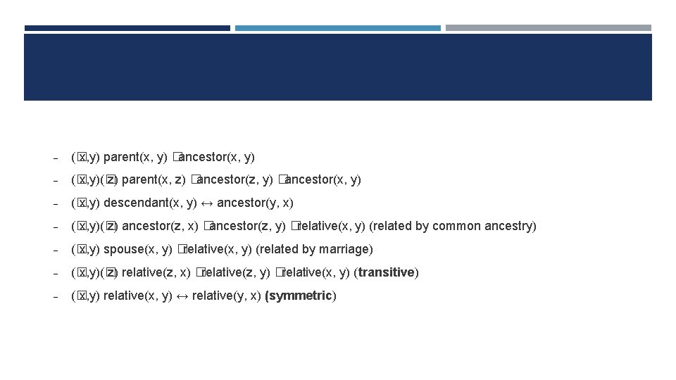  (� x, y) parent(x, y) �ancestor(x, y) (� x, y)(� z) parent(x, z)