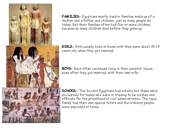 FAMILIES: Egyptians mostly lived in families made up of a mother and a father