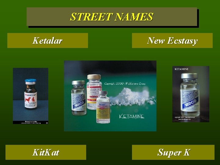 STREET NAMES Special Ketalar Jet K New Honey Ecstasy K Oil Super Vitamin Kit.