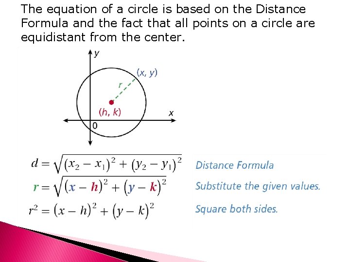 The equation of a circle is based on the Distance Formula and the fact