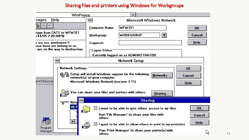 Sharing files and printers using Windows for Workgroups 12 