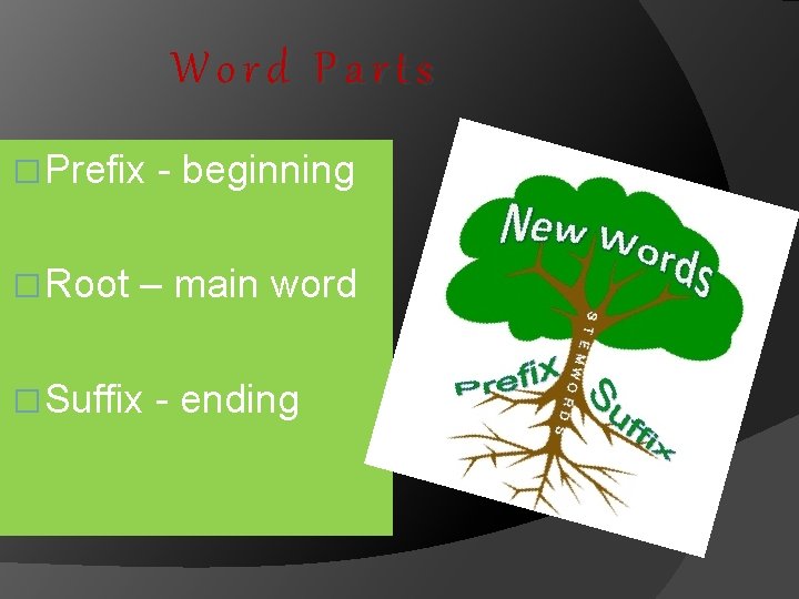 Word Parts � Prefix � Root - beginning – main word � Suffix -