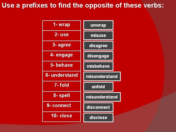 Use a prefixes to find the opposite of these verbs: 1 - wrap unwrap
