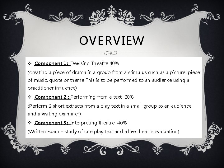 OVERVIEW v Component 1: Devising Theatre 40% (creating a piece of drama in a