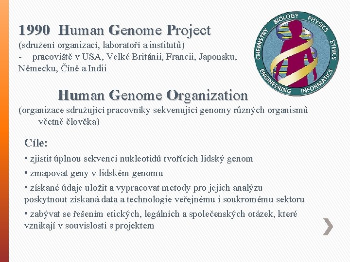 1990 Human Genome Project (sdružení organizací, laboratoří a institutů) - pracoviště v USA, Velké