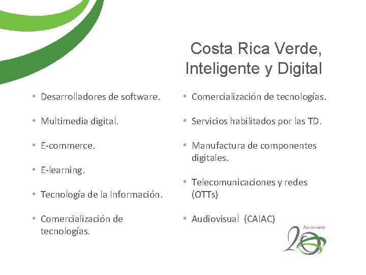 Costa Rica Verde, Inteligente y Digital • Desarrolladores de software. • Comercialización de tecnologías.