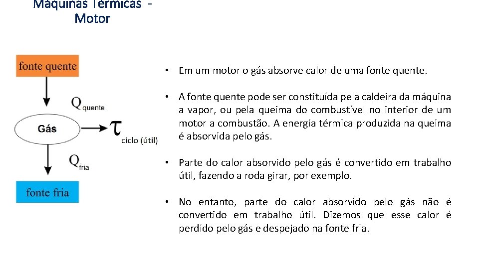 Máquinas Térmicas Motor • Em um motor o gás absorve calor de uma fonte