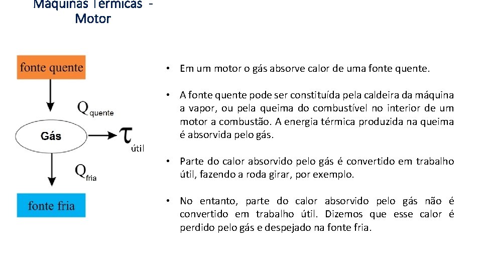 Máquinas Térmicas Motor • Em um motor o gás absorve calor de uma fonte