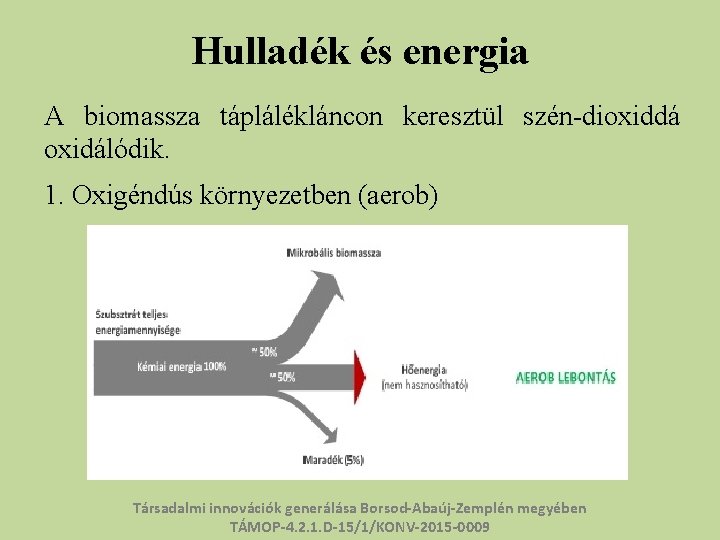 Hulladék és energia A biomassza táplálékláncon keresztül szén-dioxiddá oxidálódik. 1. Oxigéndús környezetben (aerob) Társadalmi