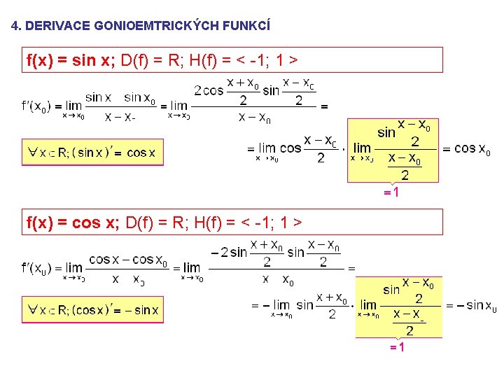 4. DERIVACE GONIOEMTRICKÝCH FUNKCÍ f(x) = sin x; D(f) = R; H(f) = <