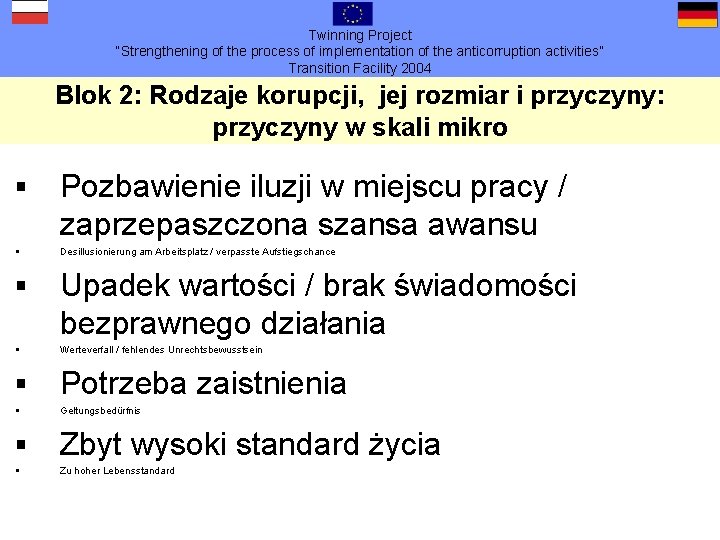 Twinning Project “Strengthening of the process of implementation of the anticorruption activities” Transition Facility