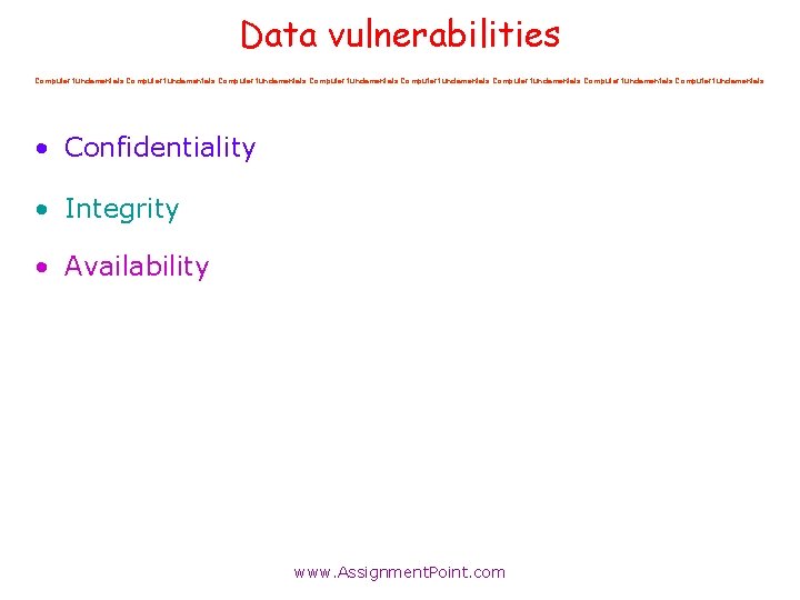 Data vulnerabilities Computer fundamentals Computer fundamentals • Confidentiality • Integrity • Availability www. Assignment.