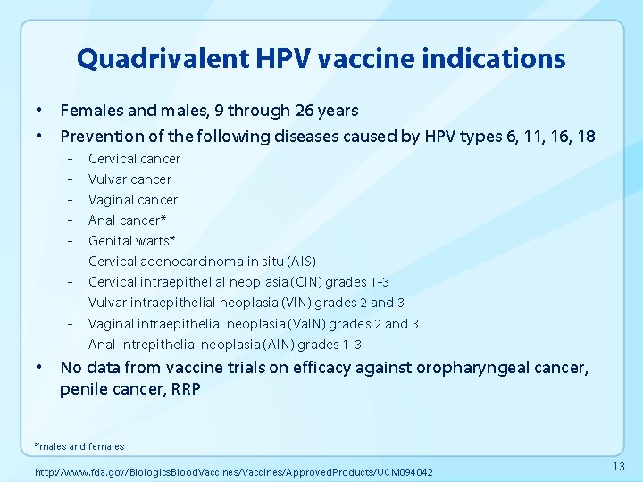 Quadrivalent HPV vaccine indications • Females and males, 9 through 26 years • Prevention