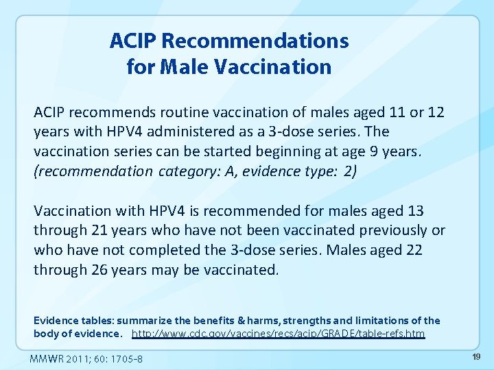 ACIP Recommendations for Male Vaccination ACIP recommends routine vaccination of males aged 11 or