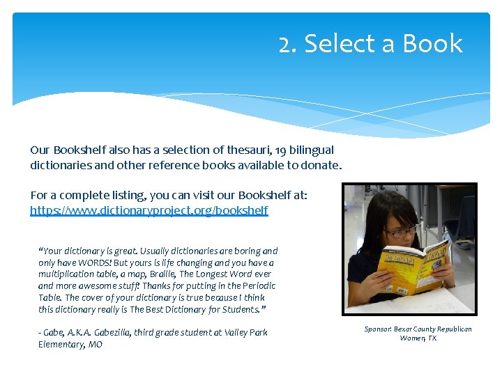 2. Select a Book Our Bookshelf also has a selection of thesauri, 19 bilingual