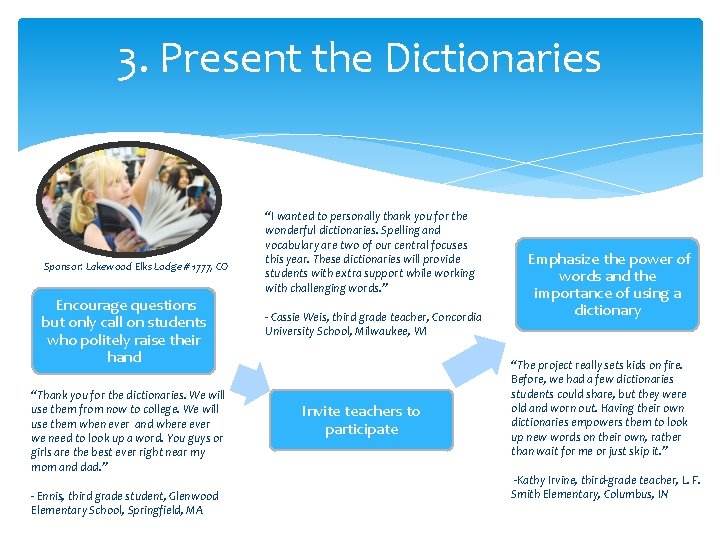 3. Present the Dictionaries Sponsor: Lakewood Elks Lodge # 1777, CO Encourage questions but