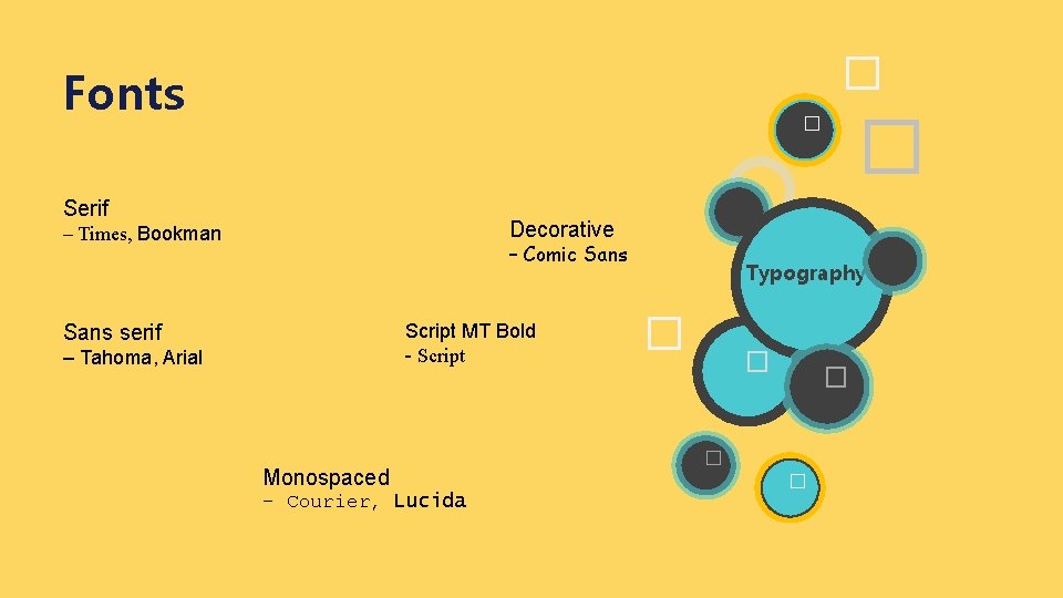 � Fonts � � Serif Decorative – Times, Bookman – Comic Sans Script MT