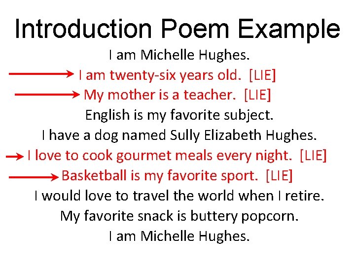 Introduction Poem Example I am Michelle Hughes. I am twenty-six years old. [LIE] My