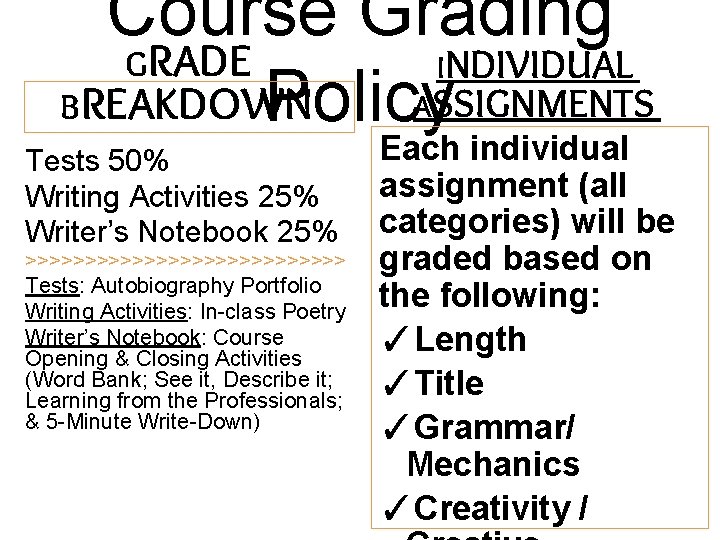 Course Grading GRADE INDIVIDUAL ASSIGNMENTS BREAKDOWN Policy Tests 50% Writing Activities 25% Writer’s Notebook