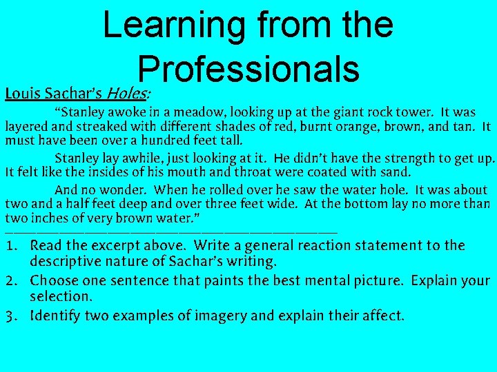 Learning from the Professionals Louis Sachar’s Holes: “Stanley awoke in a meadow, looking up