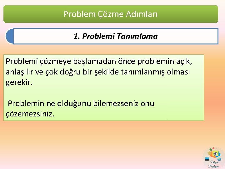 Problem Çözme Adımları 1. Problemi Tanımlama Problemi çözmeye başlamadan önce problemin açık, anlaşılır ve