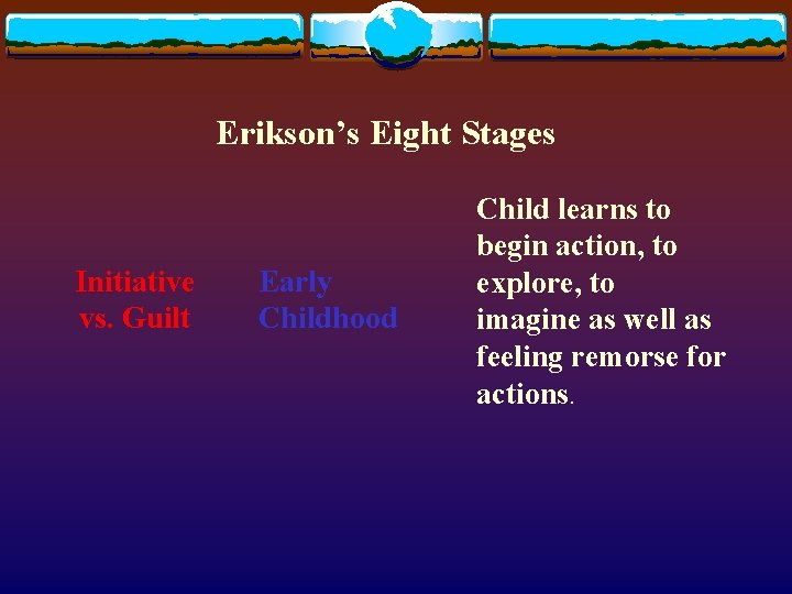 Erikson’s Eight Stages Initiative vs. Guilt Early Childhood Child learns to begin action, to