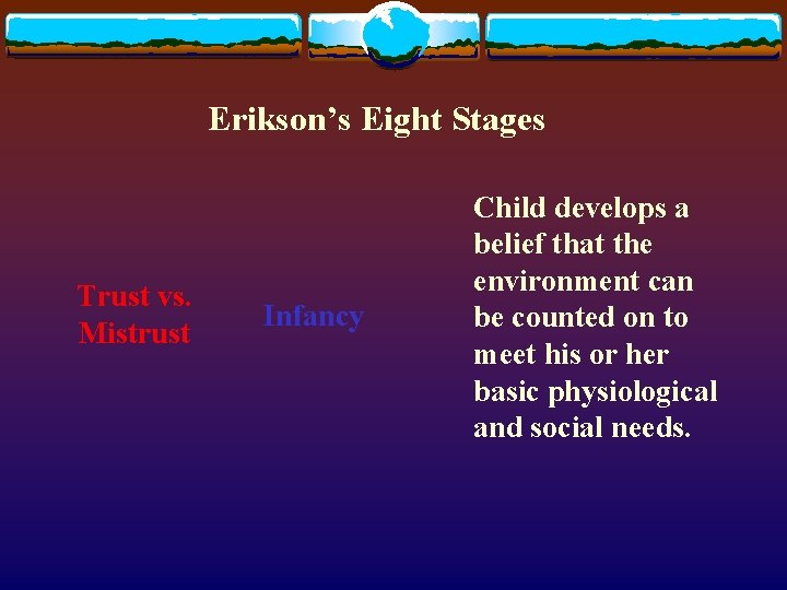 Erikson’s Eight Stages Trust vs. Mistrust Infancy Child develops a belief that the environment