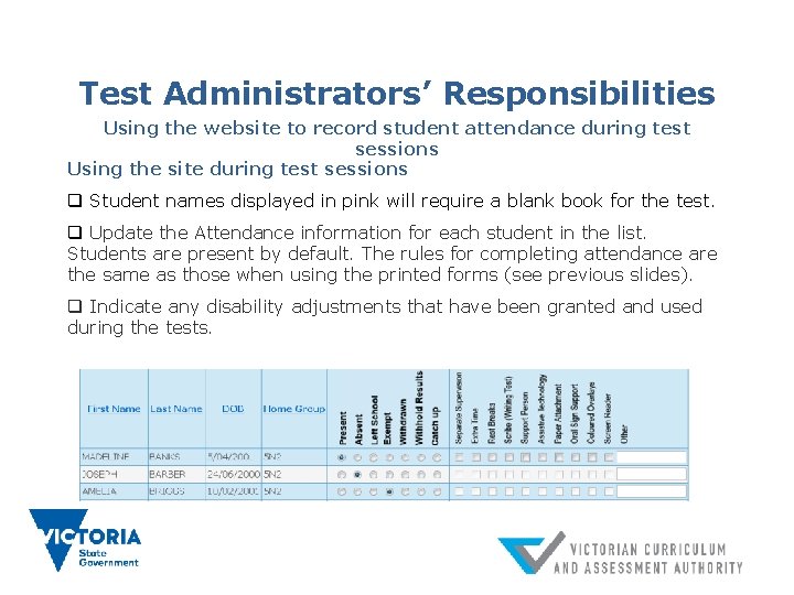 Test Administrators’ Responsibilities Using the website to record student attendance during test sessions Using Test Administrators’ Responsibilities Using the website to record student attendance during test sessions Using