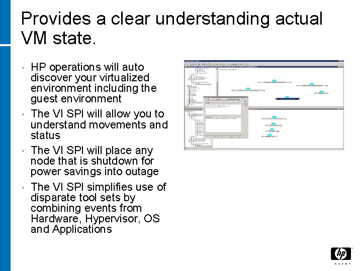 Provides a clear understanding actual VM state. HP operations will auto discover your virtualized