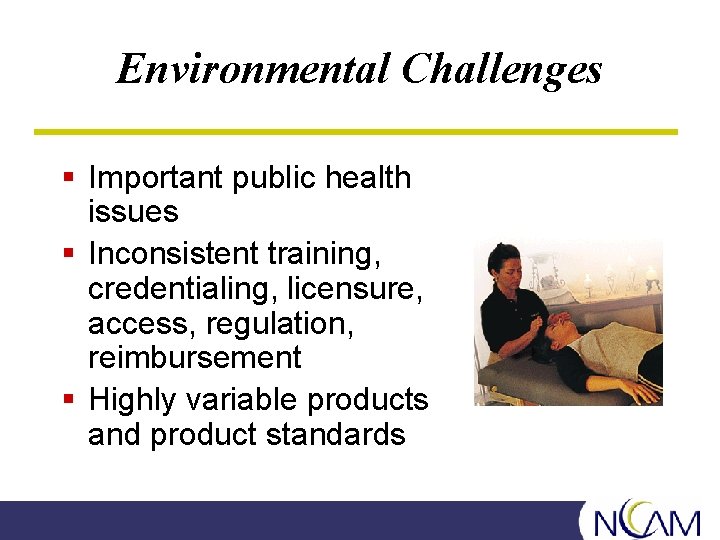 Environmental Challenges § Important public health issues § Inconsistent training, credentialing, licensure, access, regulation,