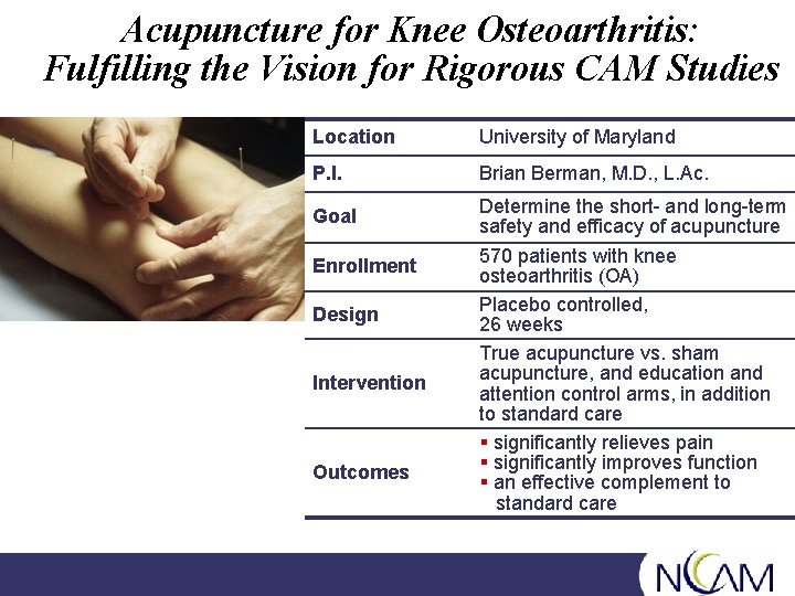 Acupuncture for Knee Osteoarthritis: Fulfilling the Vision for Rigorous CAM Studies Location University of