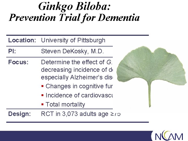 Ginkgo Biloba: Prevention Trial for Dementia Location: University of Pittsburgh PI: Steven De. Kosky,