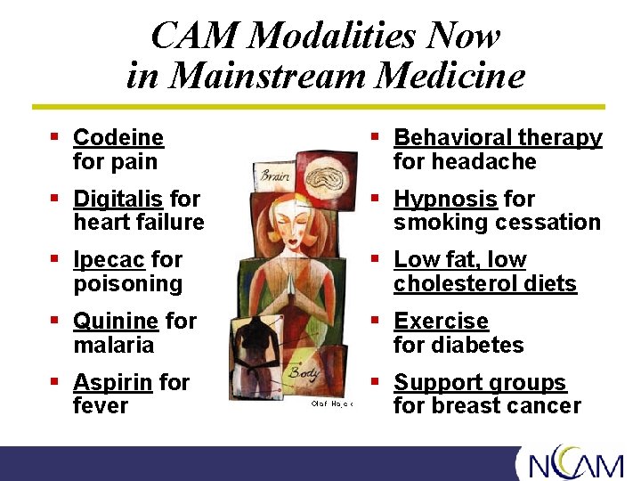 CAM Modalities Now in Mainstream Medicine § Codeine for pain § Behavioral therapy for