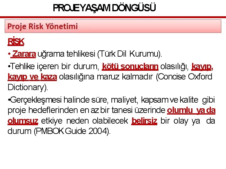 PROJEYAŞAM DÖNGÜSÜ RİSK • Zarara uğrama tehlikesi (Türk Dil Kurumu). • Tehlike içeren bir