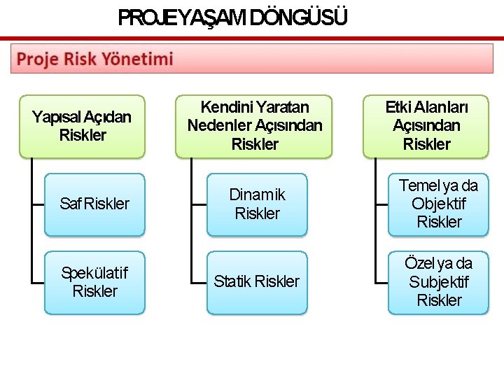 PROJEYAŞAM DÖNGÜSÜ Yapısal Açıdan Riskler Saf Riskler Spekülatif Riskler Kendini Yaratan Nedenler Açısından Riskler