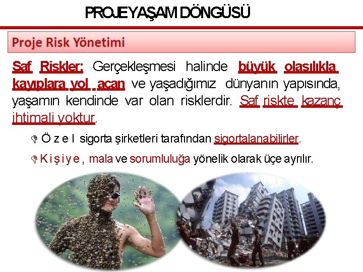 PROJEYAŞAM DÖNGÜSÜ Saf Riskler; Gerçekleşmesi halinde büyük olasılıkla kayıplara yol açan ve yaşadığımız dünyanın