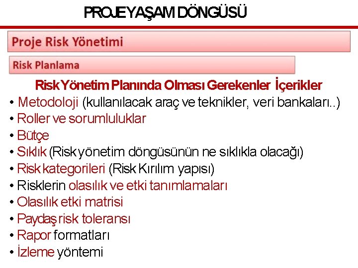 PROJEYAŞAM DÖNGÜSÜ Risk Yönetim Planında Olması Gerekenler İçerikler • Metodoloji (kullanılacak araç ve teknikler,