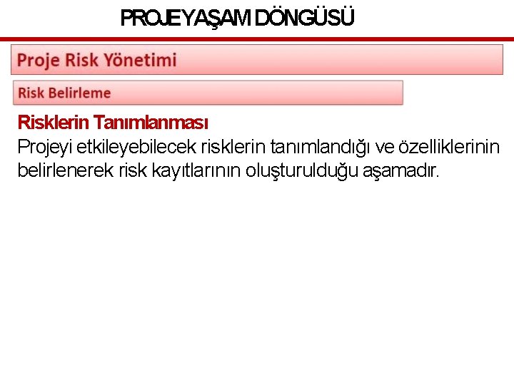 PROJEYAŞAM DÖNGÜSÜ Risklerin Tanımlanması Projeyi etkileyebilecek risklerin tanımlandığı ve özelliklerinin belirlenerek risk kayıtlarının oluşturulduğu