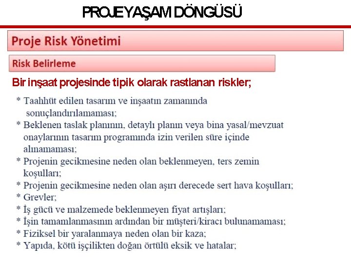 PROJEYAŞAM DÖNGÜSÜ Bir inşaat projesinde tipik olarak rastlanan riskler; 