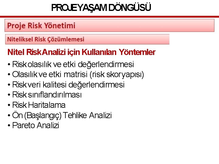 PROJEYAŞAM DÖNGÜSÜ Nitel Risk Analizi için Kullanılan Yöntemler • Risk olasılık ve etki değerlendirmesi