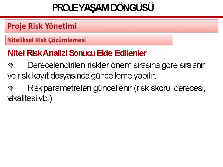 PROJEYAŞAM DÖNGÜSÜ Nitel Risk Analizi Sonucu Elde Edilenler Derecelendirilen riskler önem sırasına göre sıralanır