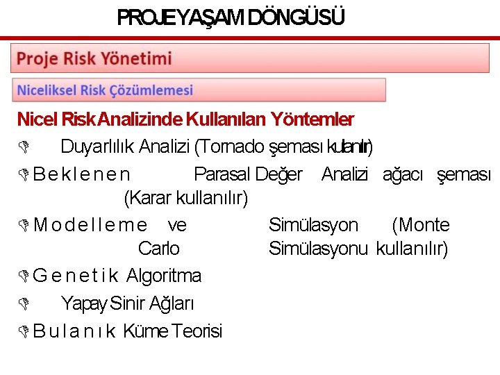 PROJEYAŞAM DÖNGÜSÜ Nicel Risk Analizinde Kullanılan Yöntemler Duyarlılık Analizi (Tornado şeması kullanılır) Beklenen Parasal