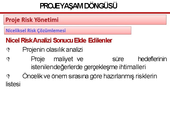 PROJEYAŞAM DÖNGÜSÜ Nicel Risk Analizi Sonucu Elde Edilenler Projenin olasılık analizi Proje maliyet ve