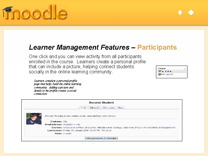 t u Learner Management Features – Participants One click and you can view activity